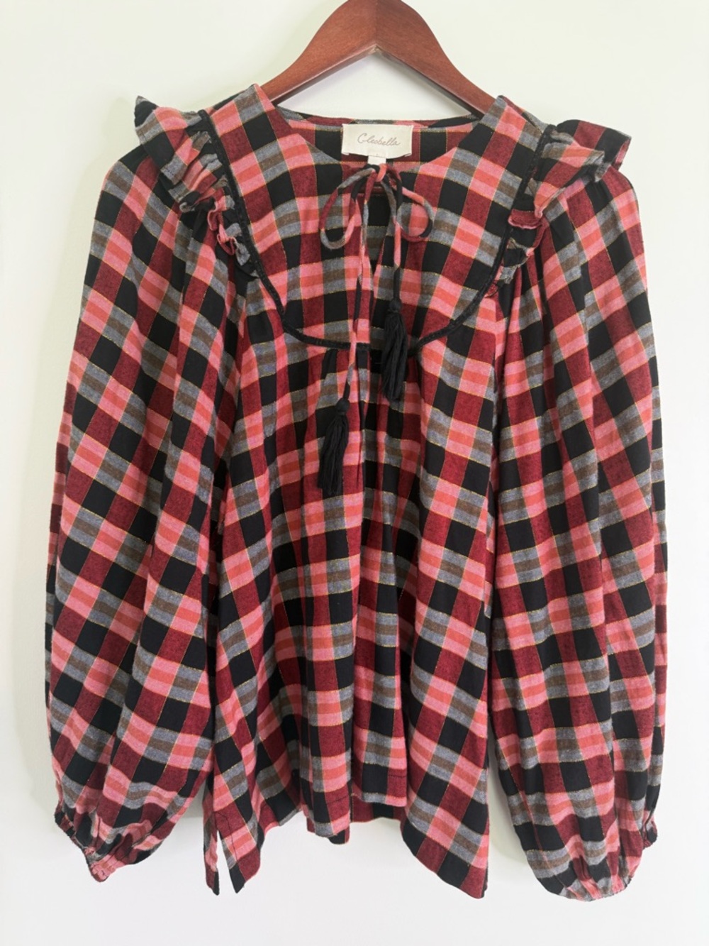 Cleobella Plaid Metallic Ruffle Boho Cottagecore Peasant Top Size Medium